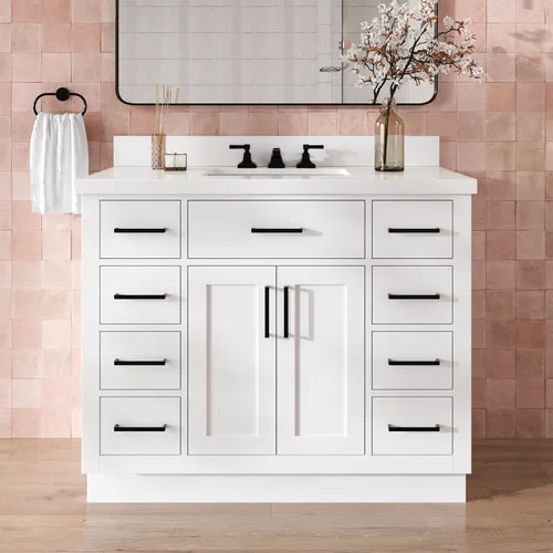 Vista 21 de DKB Isabella - Mueble de baño negro de 42 pulgadas con fregadero, lavabo rectangular, encimera de cuarzo blanco puro y protector contra salpicaduras