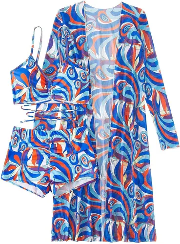 Vista 5 de Traje de baño de 3 piezas para mujer, estampado floral, ropa de playa para mujer, bikini de cintura alta con kimono #