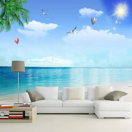 Vista 2 de Papel tapiz 3D de gaviota de playa, papel tapiz de globo de aire caliente de coco, murales panorámicos extraíbles, adecuado para decoración