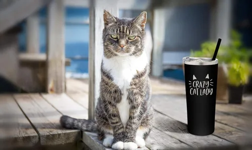 Vista 7 de Vaso de acero inoxidable aislado al vacío con tapa y pajita, taza temática de gatos para amantes de los gatos, taza para mamá y gato, taza