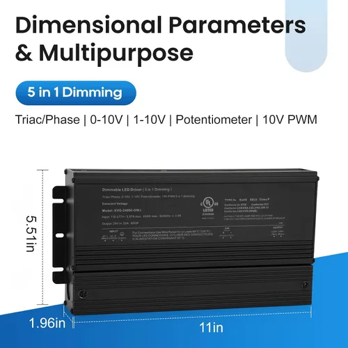 Vista 2 de 600W Dimmable LED Driver 24V, 110V-277V AC a 24V DC llevó el transformador
