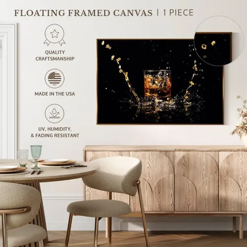 Vista 5 de ElephantStock - Arte de pared con salpicaduras de whisky - Lienzo enmarcado flotante horizontal - Decoración de pared de comedor - Arte de lienzo