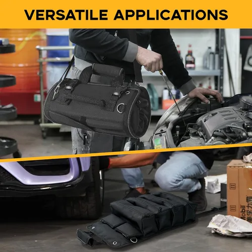 Vista 4 de Reniteco Bolsa de Herramientas Enrollable de Servicio Pesado con 2 Bolsas Desmontables con Cremallera, Almacenamiento de Herramientas Compacto