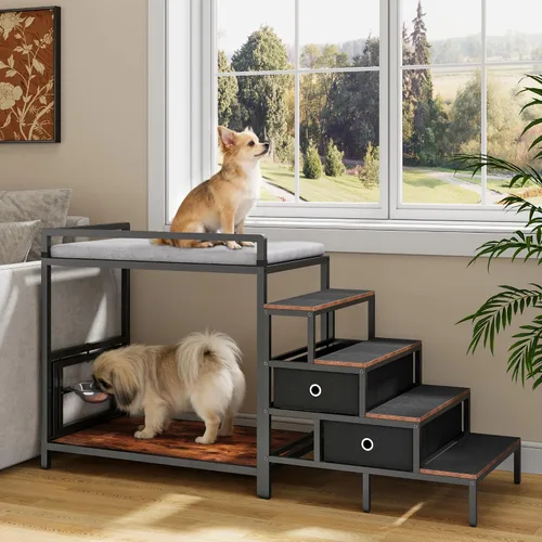 Vista 9 de kepptory Litera para mascotas con escaleras y almacenamiento, camas para perros fijadas a la cama humana, cuna para perros y gatos pequeños, Negro