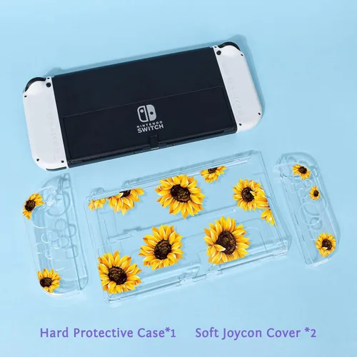 Vista 7 de DLseego Funda para interruptor amarillo transparente con flores de girasol, versión 2021, consola acoplable antiarañazos, carcasa de TPU