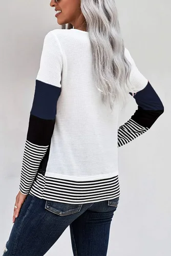 Vista 3 de Camisa de manga larga para mujer, suéteres de moda para otoño de 2024, cuello redondo, camisetas de bloque de color a la moda