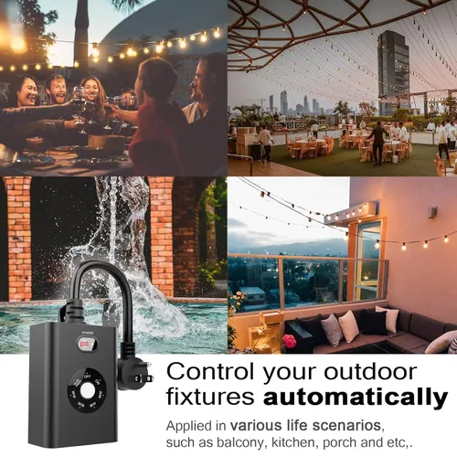 Vista 7 de Temporizador de luz exterior con sensor, toma de corriente impermeable del atardecer al amanecer con 2 tomas de tierra e interruptor de botón
