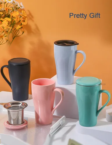 Vista 6 de Taza de té con infusor y 2 tapas, taza infusor de té grande de 18 onzas, taza coladora de té para hojas sueltas, taza de viaje con soporte para Azul
