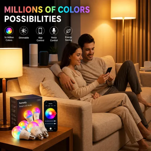 Vista 3 de Paquete de 2 bombillas inteligentes, LED A19 que cambian de color (800 lúmenes), WiFi y Bluetooth, sincronización de música, compatible con Alexa