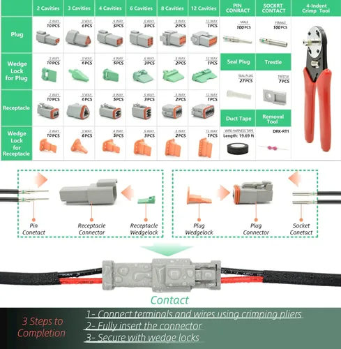 Vista 2 de Kit de conectores Deutsch DT de 345 piezas, conectores impermeables de 2, 3, 4, 6, 8 y 12 pines, herramienta de crimpado (12-20AWG), herramienta