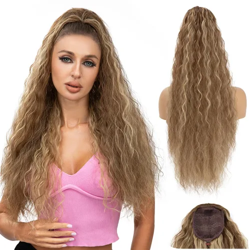 Vista 3 de Extensión de cola de caballo con cordón de 26 pulgadas de largo, esponjoso, ondulado, para mujeres negras, extensiones de cabello rizado para uso