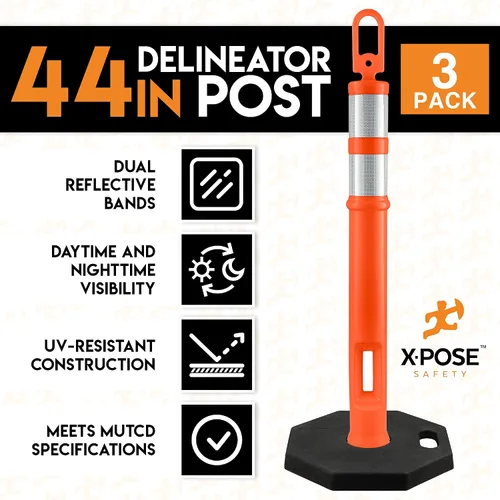 Vista 3 de Xpose Safety Postes de delineador naranja de 45 pulgadas con base, paquete de 3 – parte superior de anillo, banda reflectante de 10 pulgadas, base