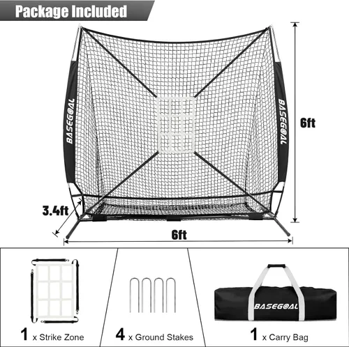 Vista 3 de BaseGoal 6'×6' Baseball Softball Practice Net,Baseball Backstop,for Hitting Pitching Batting Catching with Bow Frame,Bonus Strike Zone,Target