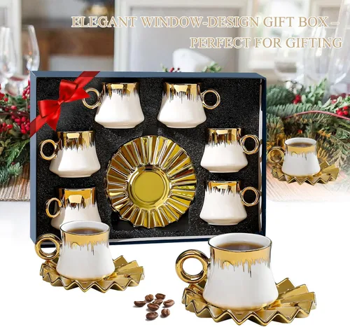 Vista 6 de Juego de 6 tazas de café turco de cerámica de 3.5 onzas, tazas y platillos de porcelana para capuchino italiano británico con ribete dorado