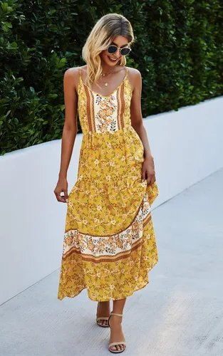 Vista 4 de Angashion - Vestido largo, diseño floral, ajustable con tirantes delgados, cuello en V, bohemio, para verano, playa, étnico y holgado, para mujer