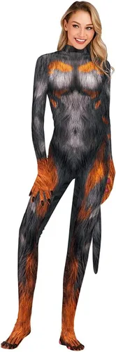 Vista 3 de Disfraz de animal para hombre con estampado de cola grande, overol peludo de elastano para cosplay, fiesta de Halloween