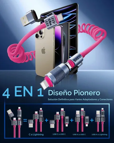 Vista 2 de Cable USB C en espiral 4 en 1 para automóvil de 5 pies [carga rápida de 60 W] compatible con cable Lightning [CarPlay y Android Auto] Combo de cable