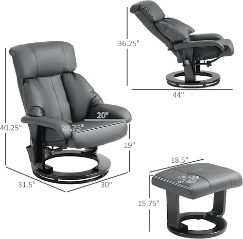 Vista 3 de HOMCOM Silla reclinable de masaje con otomana, reclinable giratorio de 360° y reposapiés, vibración de 10 puntos, silla reclinable de piel sintética