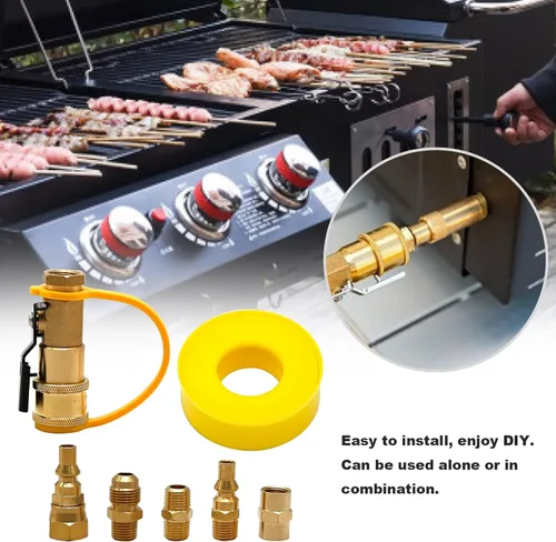 Vista 5 de Válvula adaptadora de conexión rápida de propano para RV, enchufe de flujo completo NPT de 1/4 pulgadas macho/hembra y kit rápido de 3/8 pulgadas
