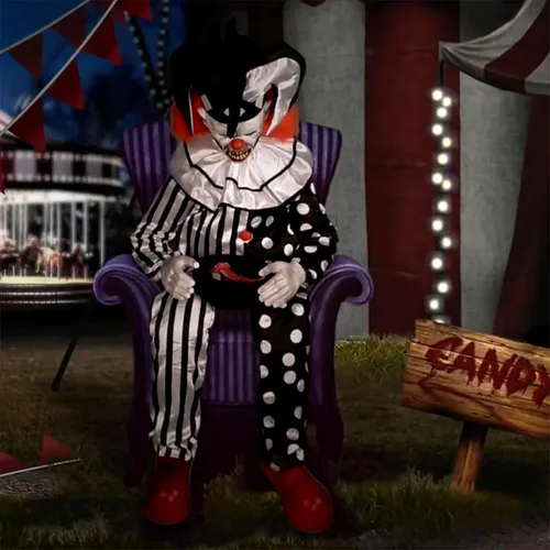 Vista 2 de Haunted Hill Farm Hartley The Sitting Scare Clown de Tekky, animatrónico de Halloween activado por movimiento para decoración de bromas de fiesta
