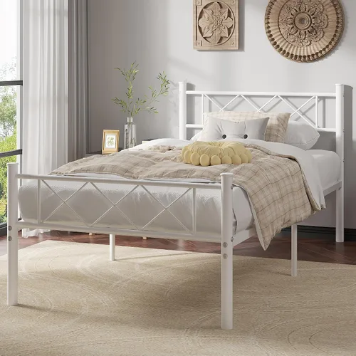 Vista 3 de VECELO Base de cama de tamaño individual con cabecero, base de cama resistente con listones de metal fuertes, no necesita somier y fácil montaje