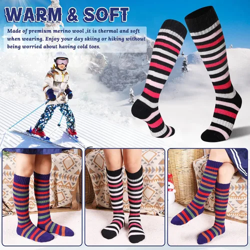 Vista 3 de Calcetines de esquí para niños de lana merina cálidos térmicos para senderismo snowboard hasta la rodilla calcetines para botas para niños y niñas 2