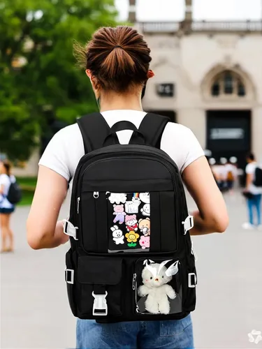 Vista 2 de Mochila Kawaii para niñas adolescentes, bonita mochila estética para escuela secundaria y universidad con accesorios, Negro oscuro, Mediana