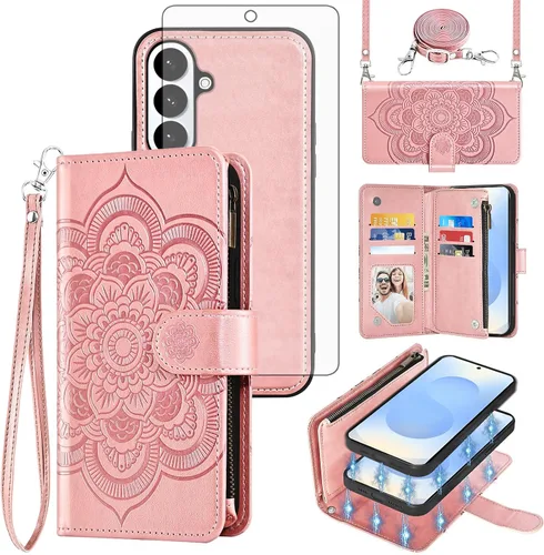 Vista 16 de Asuwish Funda de teléfono para Samsung Galaxy S26 5G con cremallera, magnética, desmontable, con protector de pantalla de vidrio templado, correa