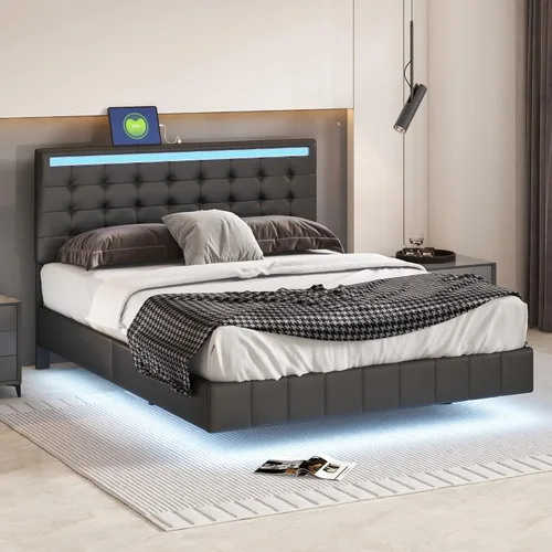 Vista 39 de Cama de plataforma flotante, marco de cama de madera tamaño individual con rayas claras, tela de lino suave y cabecera de diseño capitoné