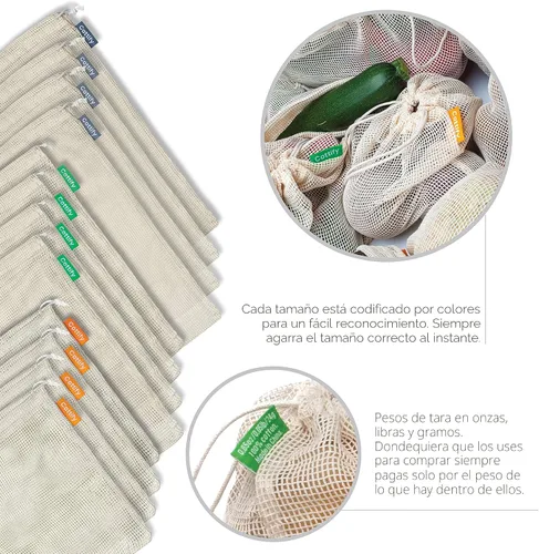Vista 4 de 12+1 bolsas reutilizables para productos alimenticios, lavables, bolsas de malla de algodón orgánico, doble costura y peso de tara, bolsas de malla
