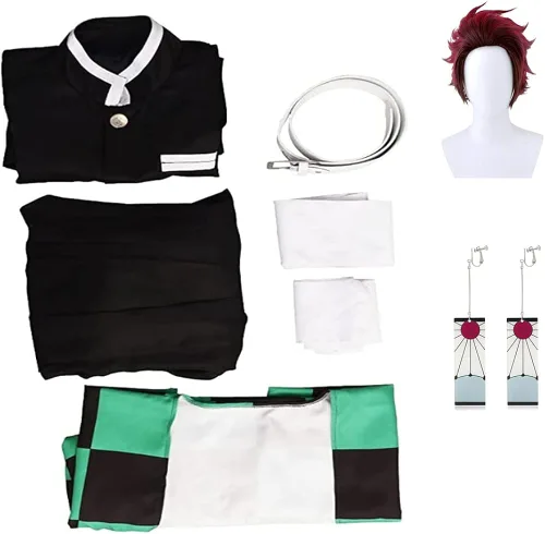 Vista 6 de Disfraz de cosplay de Tanjiro Shinobu Zenitsu Giyuu para adultos, disfraz de Halloween para adultos, kimono, uniforme con aretes de peluca