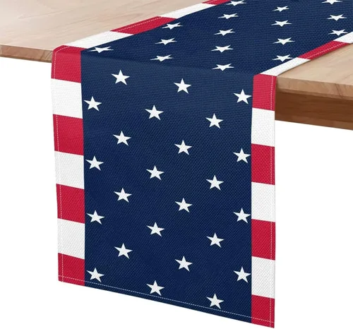 Vista 20 de GLENLCWE Camino de mesa largo con estrellas del 4 de julio, camino de decoración de mesa, rectangular, día de la independencia, vacaciones, cocina