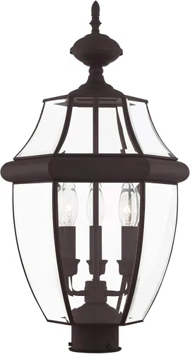 Vista 4 de Livex Lighting 2354-01 Monterey - Cabezal de poste de latón macizo con acabado de latón antiguo para exteriores, 3 luces con vidrio biselado