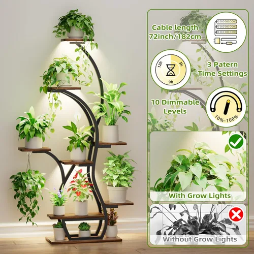 Vista 5 de Soporte para plantas de interior con luces de crecimiento, estante esquinero de 65 pulgadas para interiores, 8 niveles altos iluminados para plantas