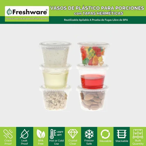 Vista 2 de Freshware Vasos de Plástico para Porciones con Tapas [1 Onza, 100 Juegos] Vasos de Plástico Desechables para Preparación de Comidas, Aderezo