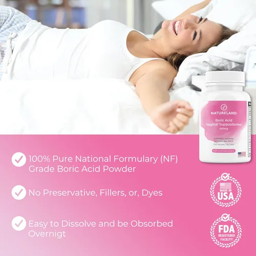 Vista 3 de Natureland Supositorios vaginales de ácido bórico para mujeres, 600 mg, 40 unidades, fabricados en Estados Unidos, cuidado femenino