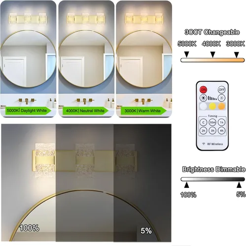Vista 4 de Lámpara de Tocador para Baño, Moderna Lámpara LED de Tocador Dorado Cepillado, Aplique de Pared LED Regulable de 19W para Baño, Dormitorio, Perfecta
