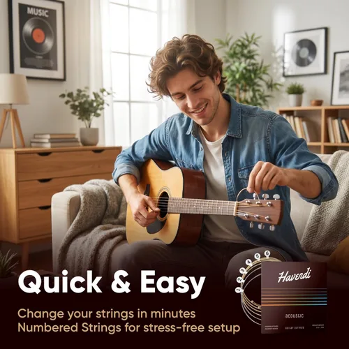 Vista 7 de HAVENDI® Cuerdas de guitarra I Cuerdas de guitarra acústica con revestimiento de bronce fosforoso I Calidad de sonido brillante I Incluye 3 púas