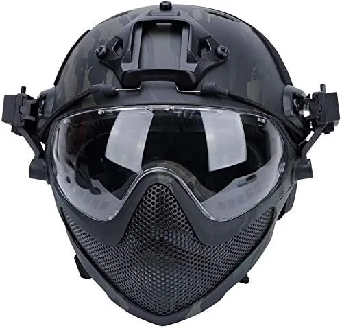 Vista 9 de PJ - Casco táctico rápido, casco protector de piloto, casco de paintball Airsoft con máscara extraíble y gafas
