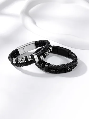Vista 7 de Bestyle Pulseras de cuentas de acero inoxidable trenzadas de cuero genuino de alta calidad para hombres y niños, pulseras de moda para hombre