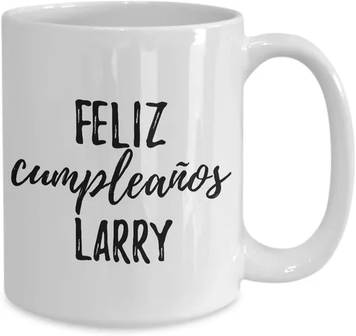 Vista 2 de Feliz Cumpleanos Larry Taza española de feliz cumpleaños personalizado con nombre de regalo, taza de café y té, grande, 15 onzas
