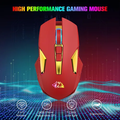 Vista 2 de FELICON Mouse inalámbrico para juegos recargable con retroiluminación RGB arcoíris, sensor óptico de 3 niveles DPI, mouse ergonómico