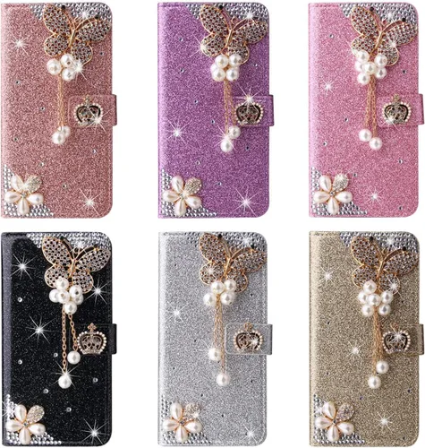 Vista 4 de XYX Funda tipo cartera para Samsung Galaxy A32 5G, Bling Glitter Crown Butterfly Diamond Flip Card Slot Luxury Girl Women Phone Cover - Negro