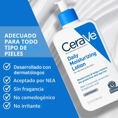 Vista 5 de CeraVe Loción hidratante diaria para piel seca, loción corporal y hidratante facial con ácido hialurónico y ceramidas, hidratante diario, sin