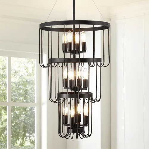 Vista 13 de Candelabro de granja negro, accesorios de luz colgante de farol de 7 luces, accesorios de iluminación de vestíbulo industrial rústico, candelabros