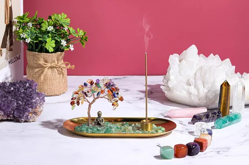Vista 3 de Jovivi Soporte de incienso de cristal para palos, piedra de cristal curativo, árbol de dinero, juego de estatua de Buda, quemador de incienso