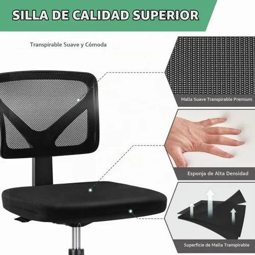 Vista 5 de Silla de oficina de malla sin brazos, silla de escritorio ergonómica con respaldo bajo, sillas giratorias ajustables para computadora para espacios