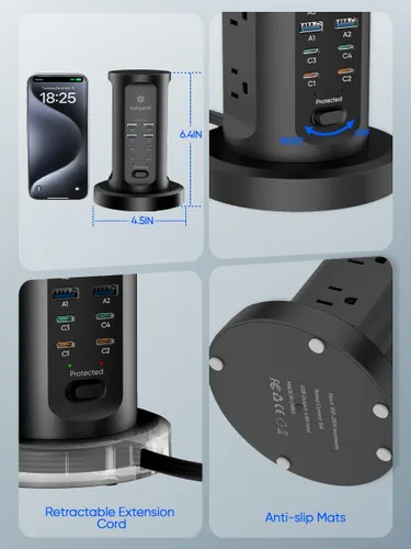 Vista 6 de Kakyanill Estación de carga USB de 30 W, torre de regleta de alimentación, 9 salidas de CA con 8 puertos USB (4 USB-C), cable de extensión retráctil