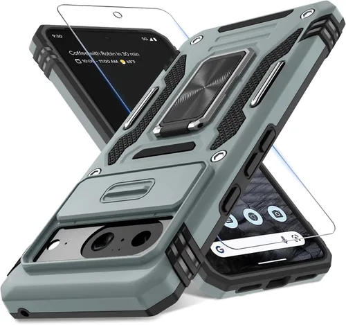 Vista 47 de DEERLAMN Funda para Google Pixel 8 con cubierta deslizante para cámara + protector de pantalla (1 paquete), soporte de anillo giratorio grado