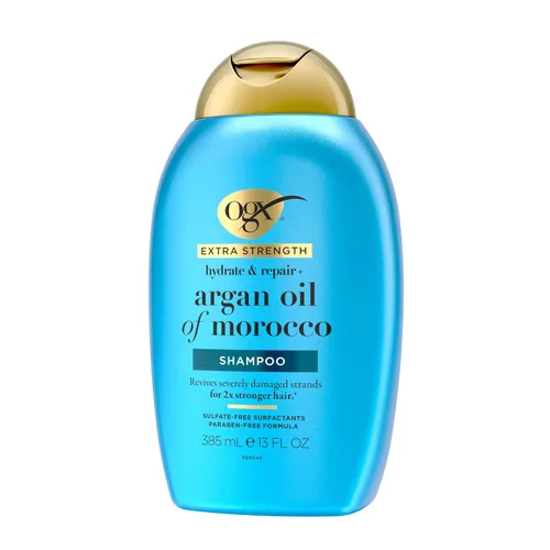 Vista 8 de OGX Champú de fuerza extra hidratante y reparación + aceite de argán de Marruecos para cabello seco y dañado, aceite de argán prensado en frío